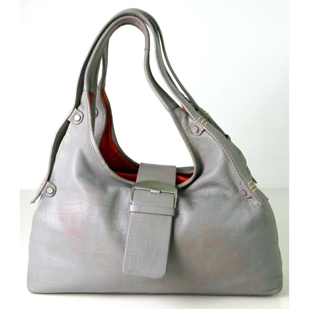 LRG MICHAEL ROME DESIGNS CROCO SOFT GRAY GENUINE LEATHER HOBO TOTE SHOULDER BAG